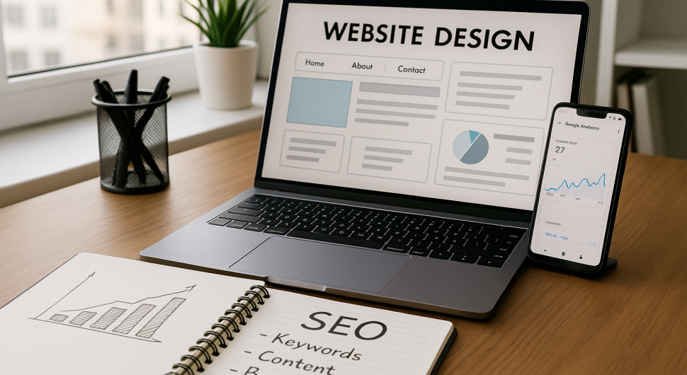 A realworld photograph of a workspace focusing on website design and SEO